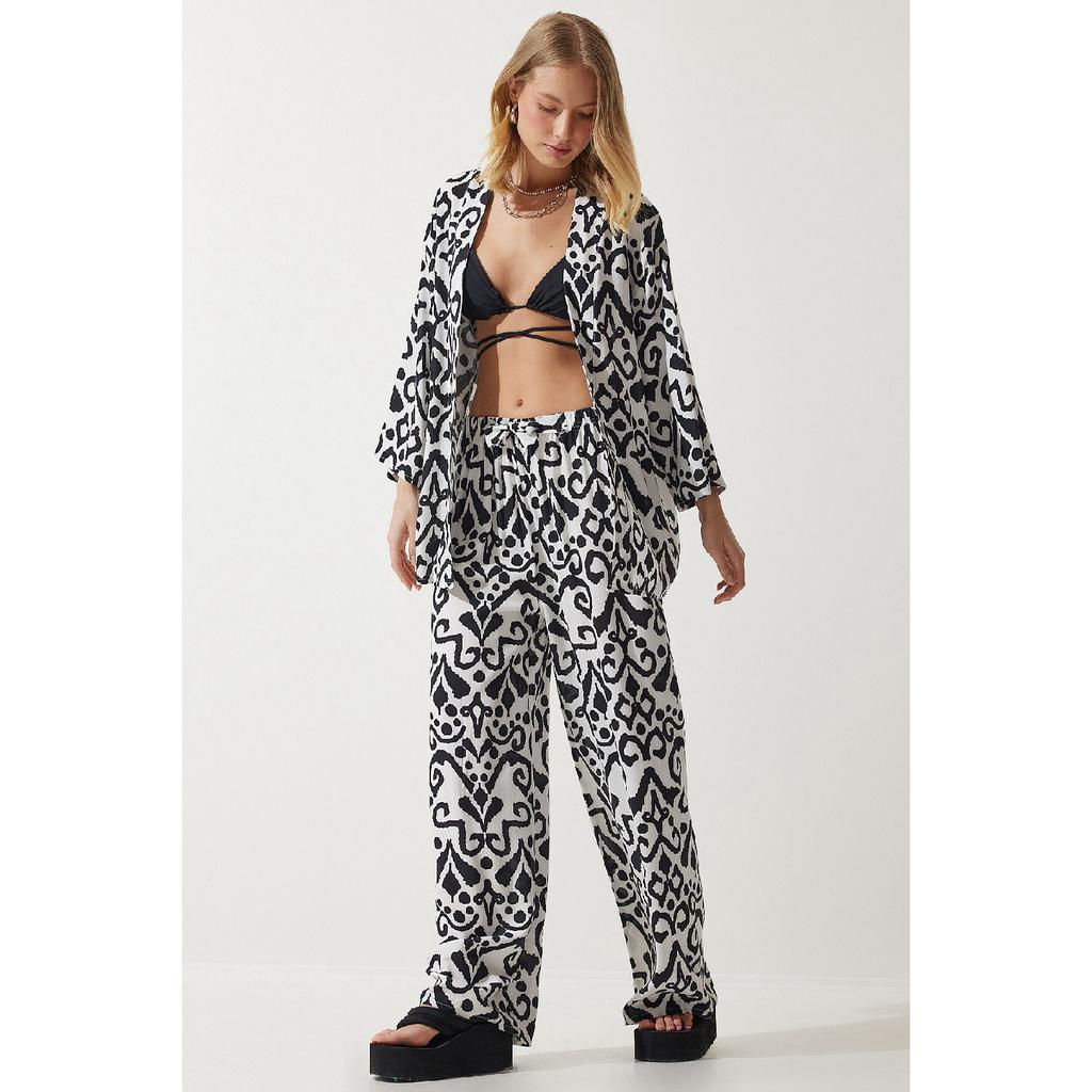 Zestaw damskich spodni kimono palazzo w kolorze pomarańczowym, wzorzystym En00614