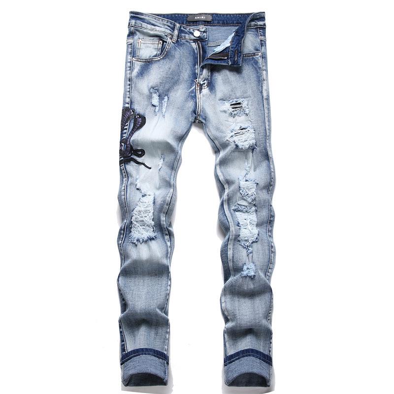 Pánské džíny slim-fit v evropském stylu s modrou výšivkou kobry