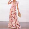 1011 New Women's Clothing Flower Printing Off-the-shoulder Splicing European and American Backless Summer Long Dress Dress