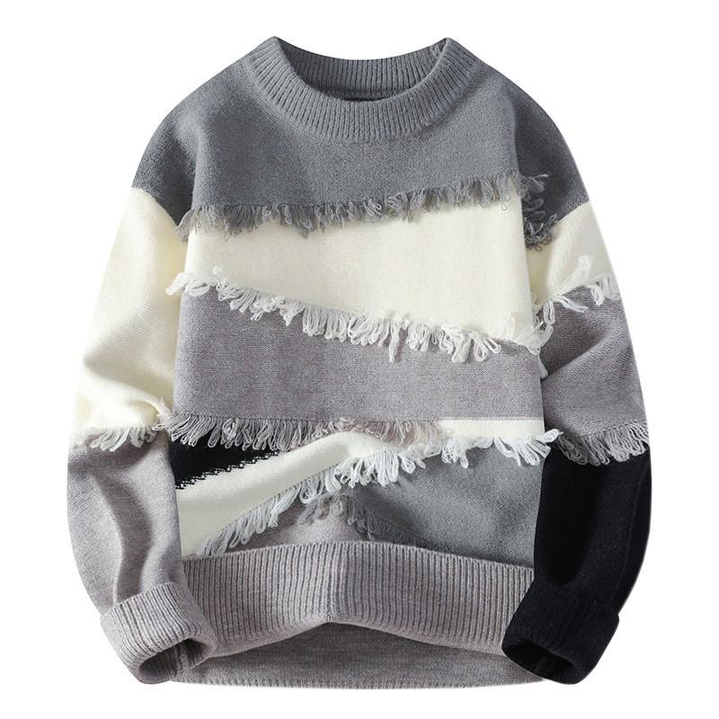 Mens Winter Loose Fit Knit Sweater With Color Block Design Round Neck Long Sleeve Casual Pullover Young Adults