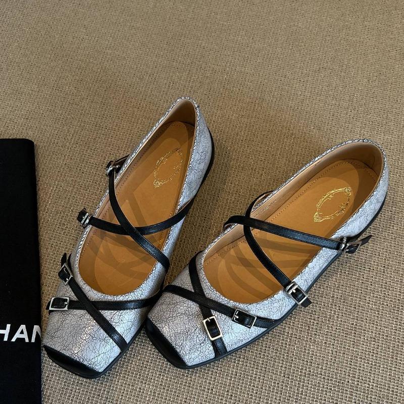Sheepskin version~ cross strap square head sports ballet shoes women's retro temperament shallow mouth Mary Jane shoes flat shoes