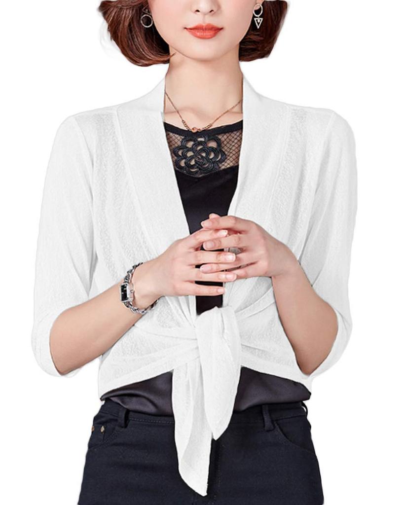 AICA Summer Knit Bolero Short UV Air Conditioning Solid Size White Cardigan, Length, Cool, Stretch, Thin, Sheer, See-Through, V-Neck, 3/4 Sleeves,