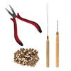 4pcs Hair Wig Plier Curved Tip Wooden Hook Needle Silicone Rings Hair Extension Tools Light Brown