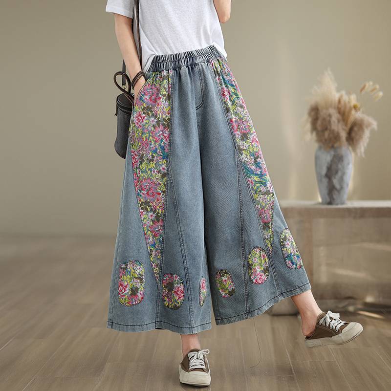 High Waist Wide Leg Denimhosen Damen Ankunft Vintage Stil Patchwork Blumendruck Locker Lässige Jeans