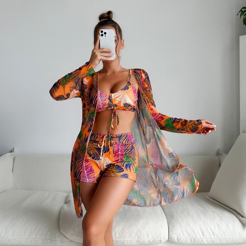 Women's 3 Piece Tropical Leaf Print Swimsuit Set with Cover Up - Bikini Top High Waisted Shorts & Long Sleeve Kimono