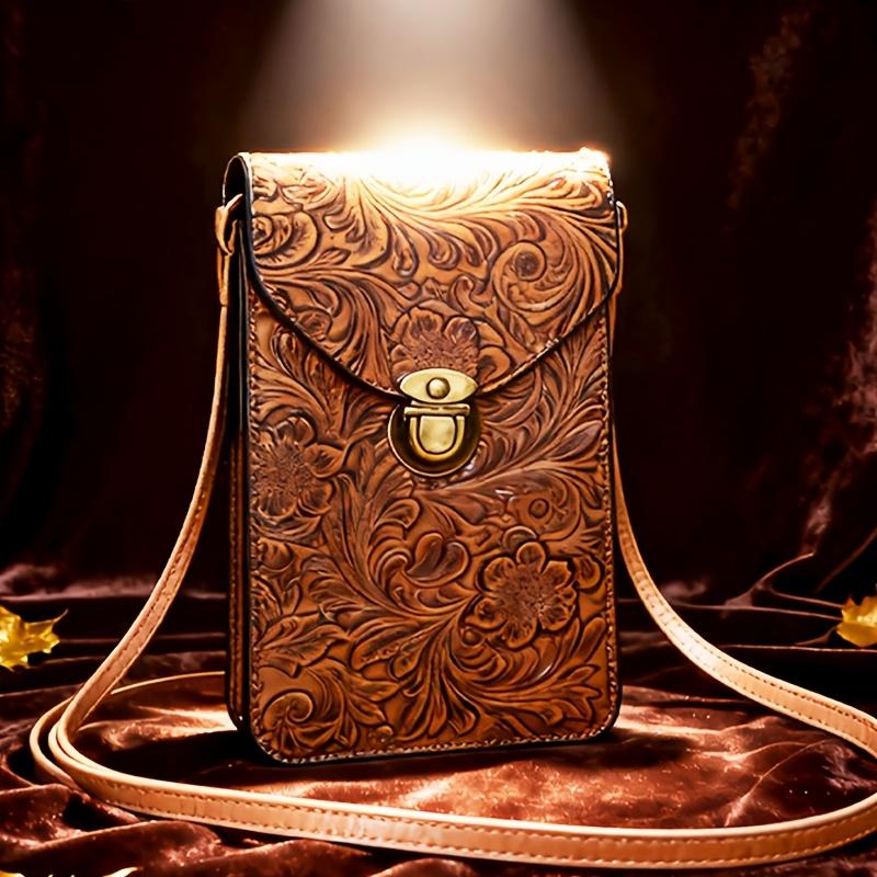 Vintage Art Handmade Embossed Shoulder Bag Bohemian Vintage Crossbody Bag,3D Floral Texture Wallet, Vintage Women's Floral Handbag