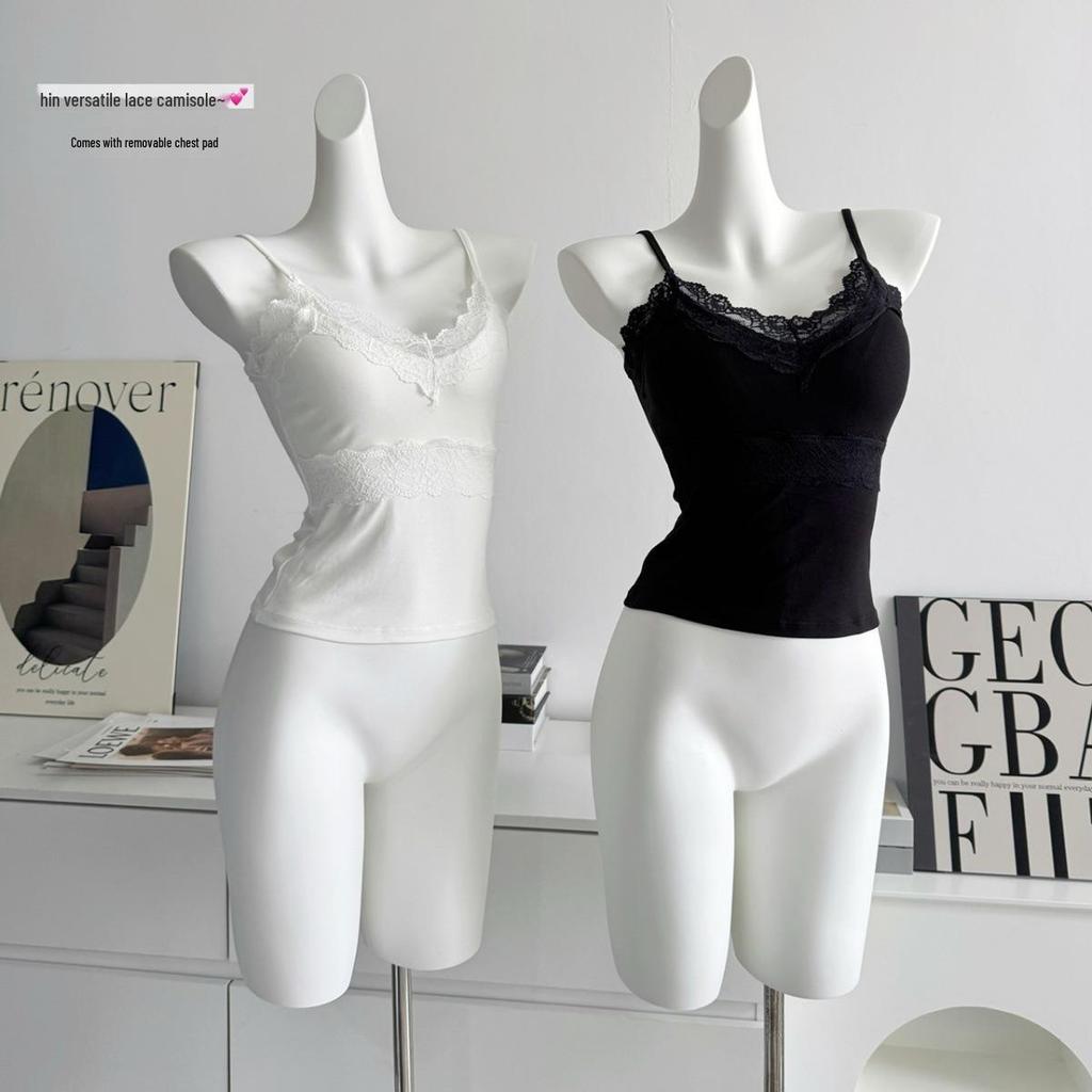 Elegant White V-Neck Lace Camisole with Chest Pad for Women