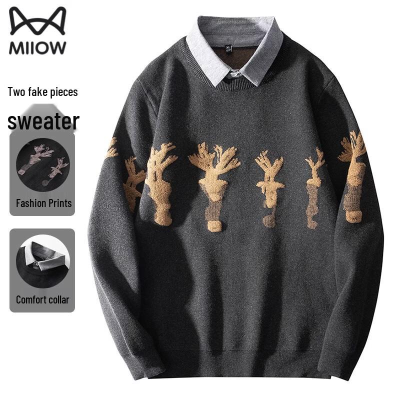 MiiOW Men s Faux Two-Piece Turn-Down Collar Plush Lined Knitted Sweater XL