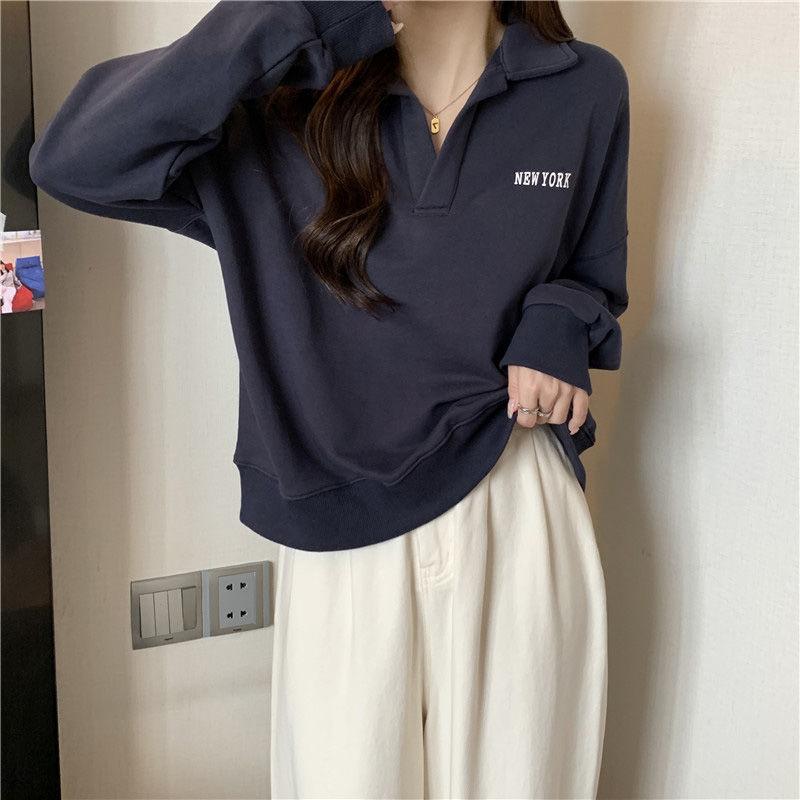 Autumn and Winter Thin Section of Long-sleeved T-shirt Female Polo Shirt Thin Age Reduction Letter Print Loose Hundred Lapel Sweater