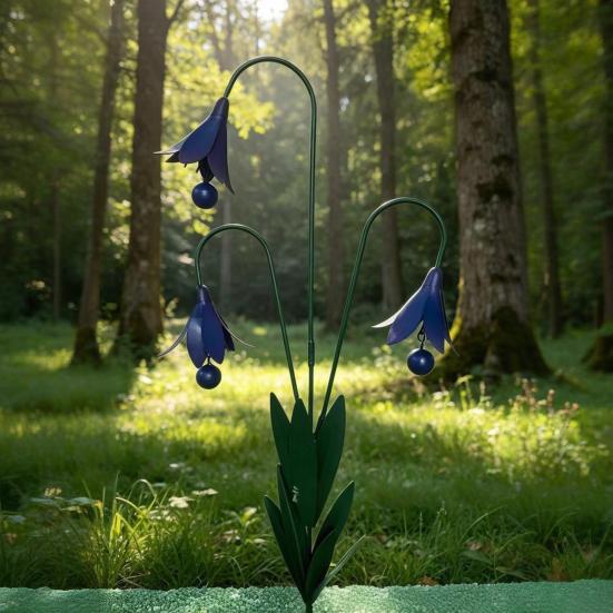 Triple Bluebells Garden Stake with Bells, Handmade Metal Flower Yard Art, Rustic Decorative Outdoor Wind Bell Stakes for Lawn Patio Outdoor Decor