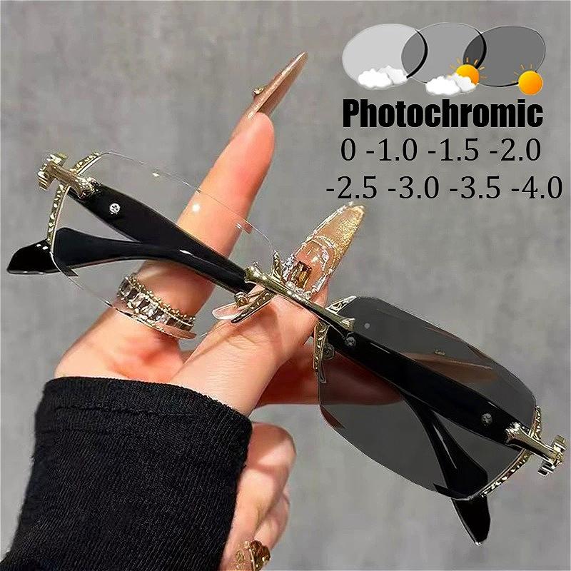Cut Edge High-end Framless Pochromic Myopia Glasses Silver Gold Blue Light Blocking Eyewear Anti-UV Sunglasses Diopters -4.0