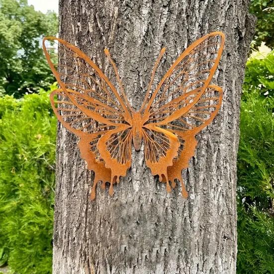 Butterfly Wall Decoration Iron Rusty Color 3D Butterfly Outdoor Hollow Double-Layer Butterfly Decoration for Fence Door Tree Trunk