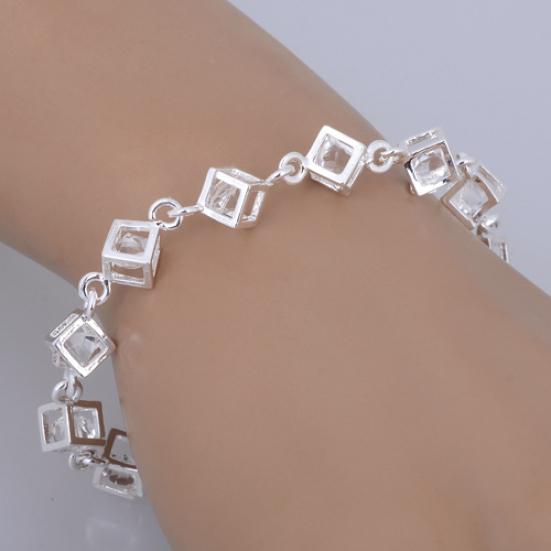 Women's Silver Plated Cube Clear Rhinestone Bracelet Engagement Party Jewelry