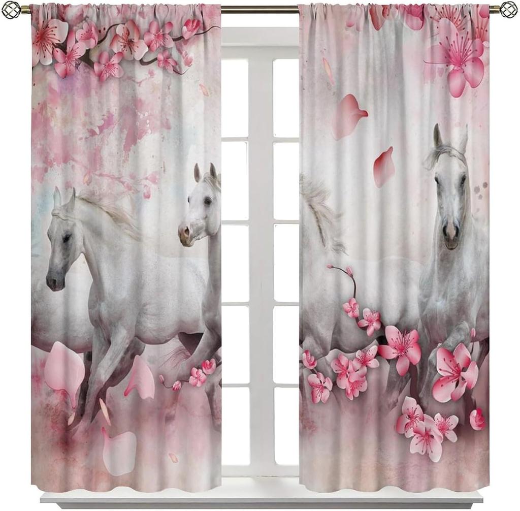 Horse Window Curtains, Western Wild Horses Under Cherry Curtains For Living Room,Country Style Rustic Farm Animal Horse Pink