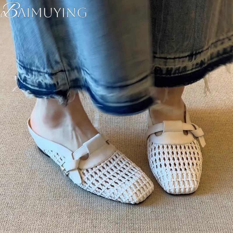 Fashion Weave Casual Mules Shoes Woman Summer Square Toe Slippers Women Flat Sandals 2025 Trend Comfort Slides Soft Leather Sandalias
