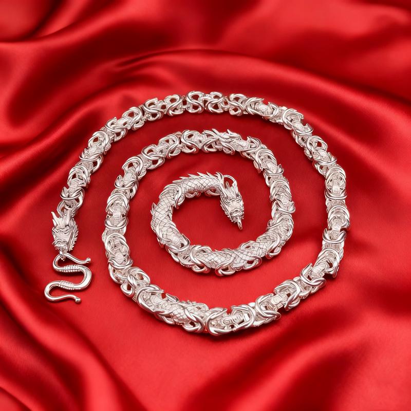 999 Sterling Silver Dragon Necklace, Men s Retro Chinese Style, Double Dragon Head Clavicle Chain, Trendy and High-End Feel Thick Electroplated