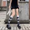 College Style Calf Socks Rhombus Jk Socks Women's Medium Tube White Long Tube Half Black and White Plaid Rhombus Spring and Autumn Retro