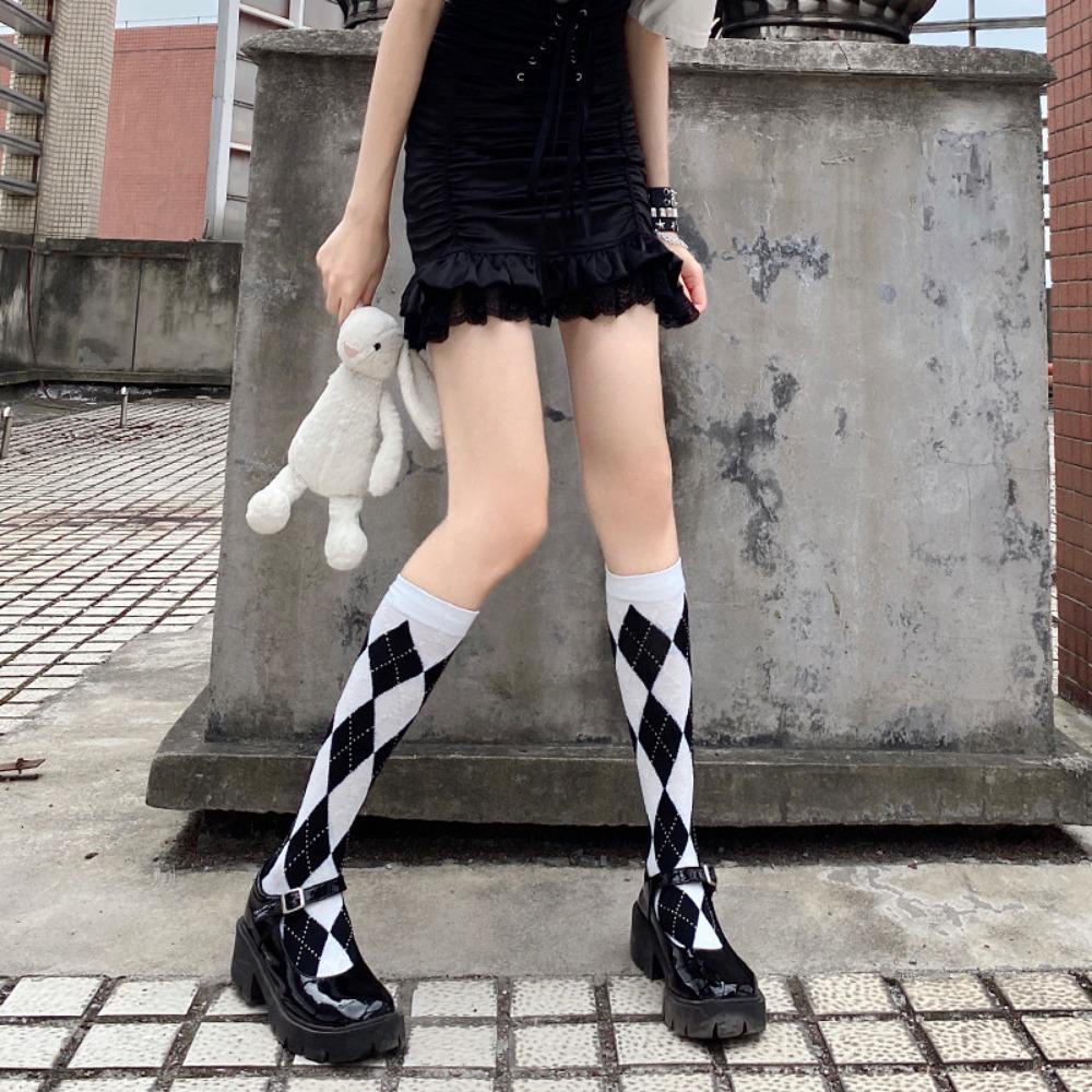 College Style Calf Socks Rhombus Jk Socks Women's Medium Tube White Long Tube Half Black and White Plaid Rhombus Spring and Autumn Retro