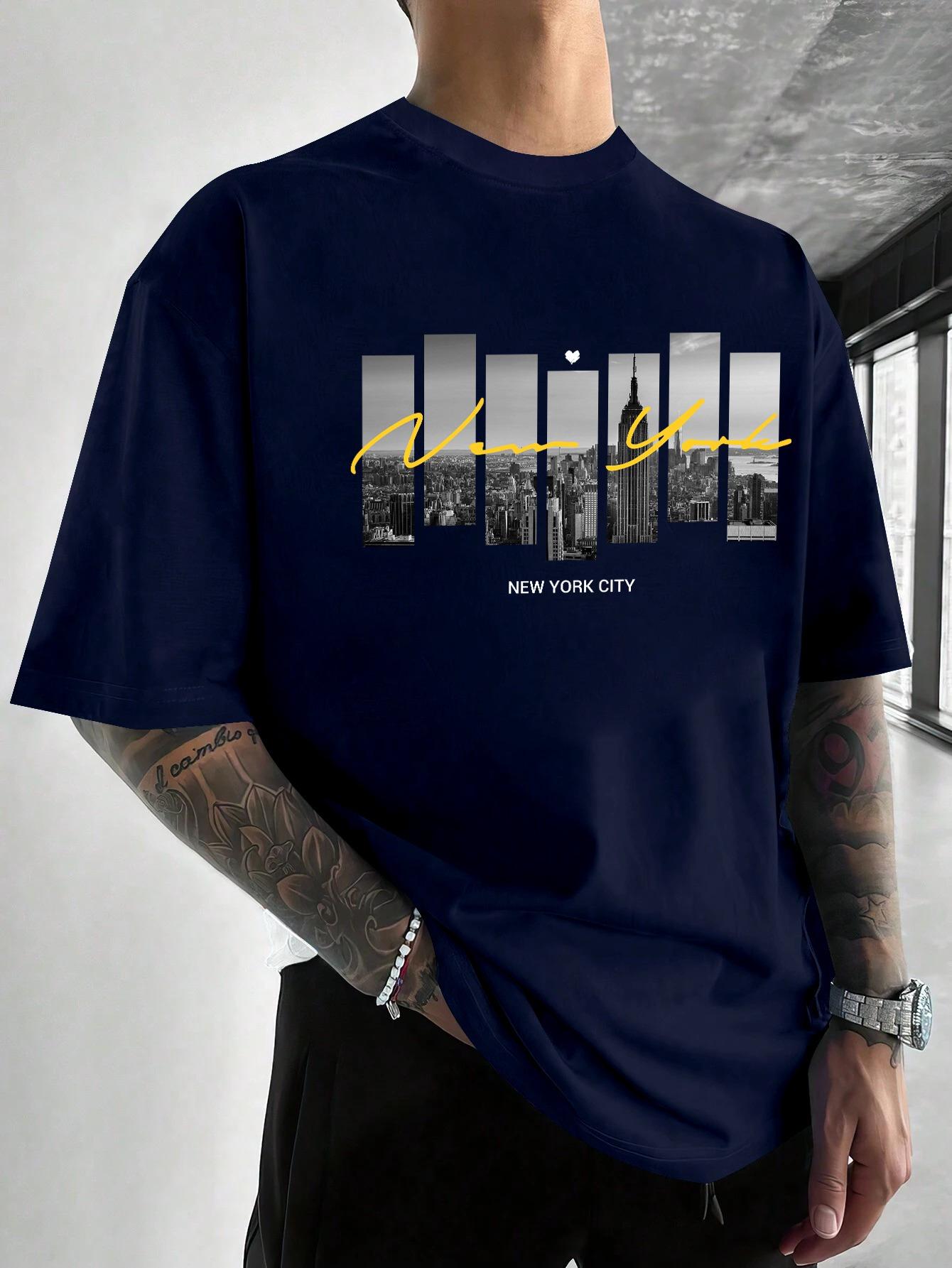 

Мужская повседневная футболка с круглым вырезом - стиль Нью-Йорк, геометрический узор и смесь эластана, машинная стирка, летний топ XXXXXL темно-синий