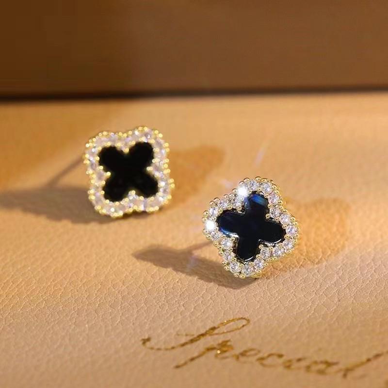 European-American Style S925 Silver Needle Black Oil Drop Diamond Square Earrings