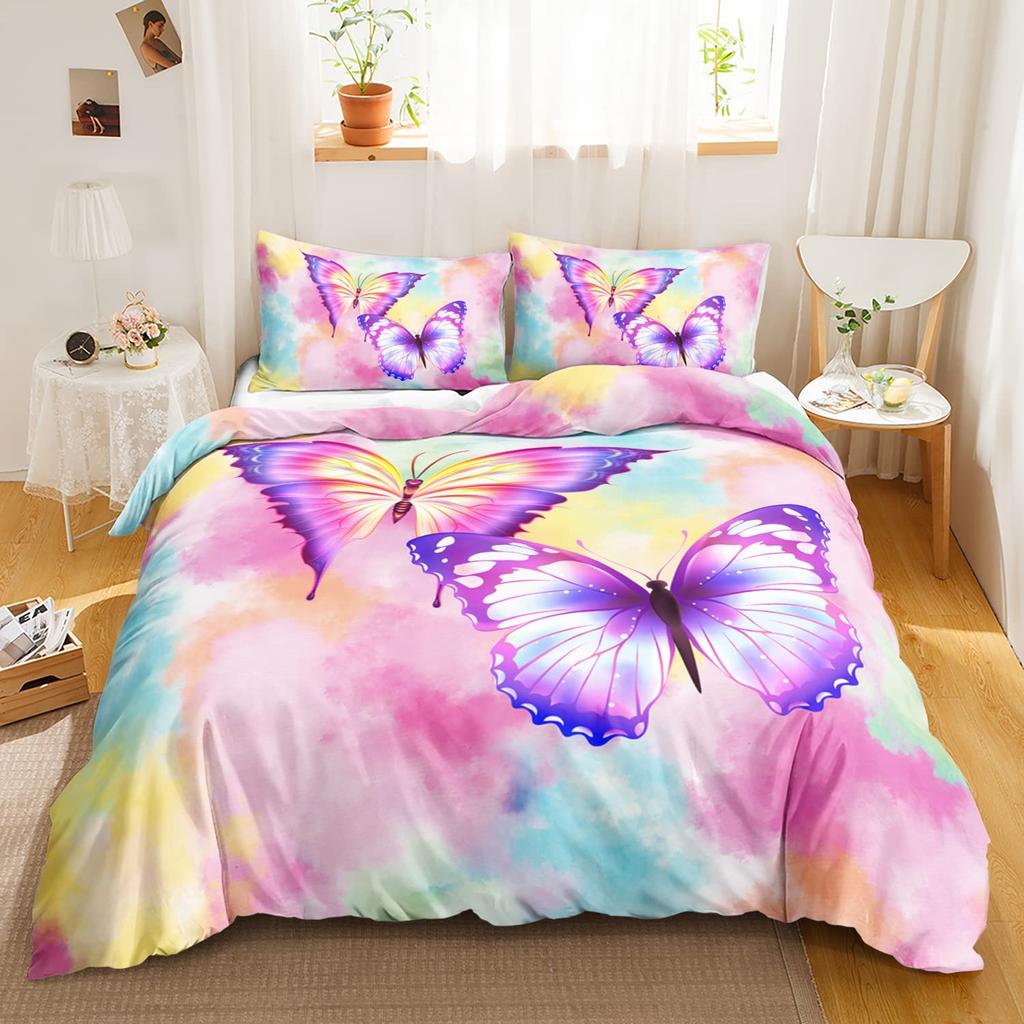 Butterfly Duvet Cover Set Full Size,Rainbow Butterfly Bedding Set For Girls,Rainbow Butterflies Comforter Cover Set,Pink Purple