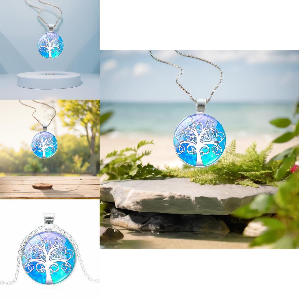 Elegant Tree Pattern Pendant Necklace In Vintage Silver Color With Classic Glass Cabochon