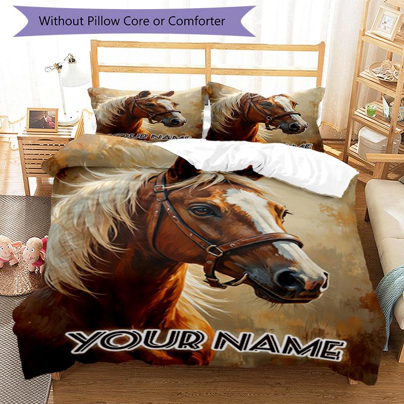 3PC Custom Name Horse Portrait Art Bedding Set Duvet Cover Closure Includes 1 Duvet Cover & 2 Pillowcases for Bedroom