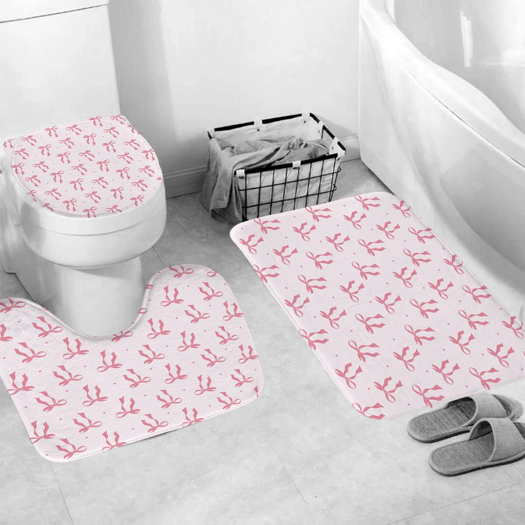 Pink Bow Shower Curtain Polyester Waterproof Fashion 1pc/3pcs/4pcs Bathroom Floor Mat Toilet Set Bath Accessories Mildew Proof