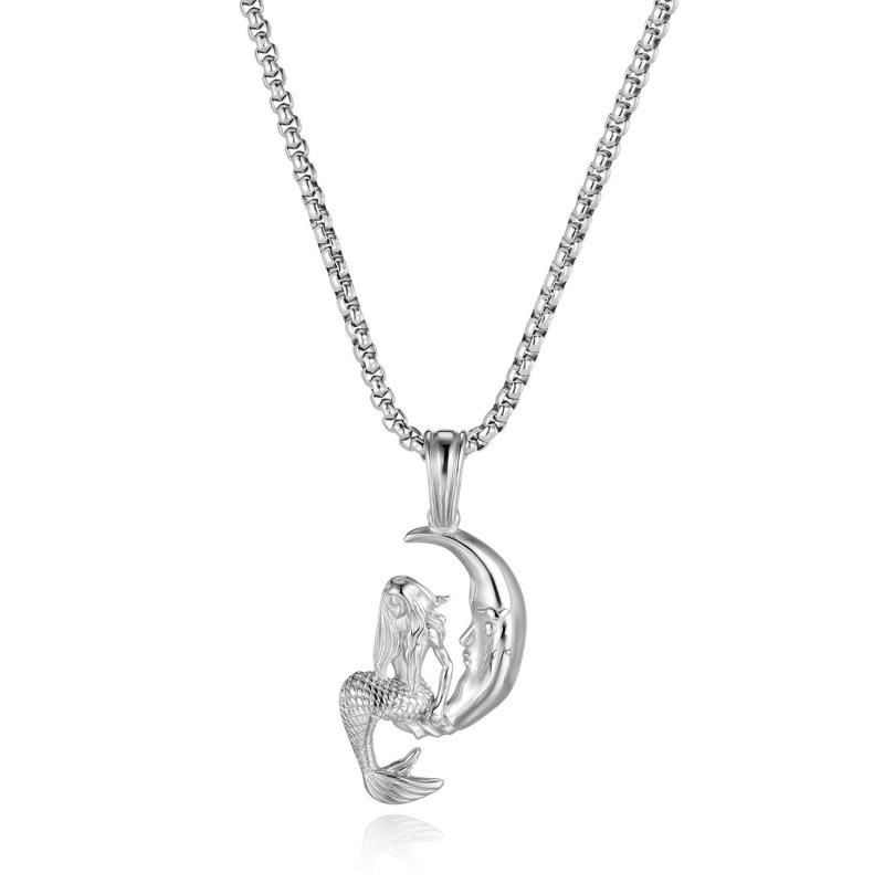 European American Versatile Personalized Necklace Men s Stainless Steel Trendy Creative Design Mermaid Moon Titanium Accessories