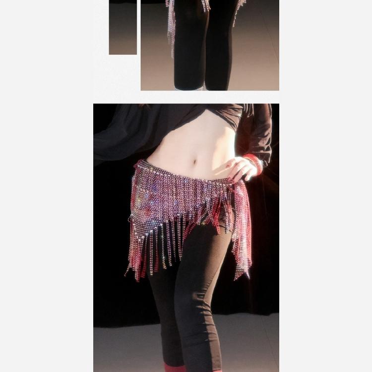 Belly Dance Hip Scarf Long Tassels Belly Dance Waist Chain with Rhinestones Decoration Belly Dance Belt Wrap Skirt