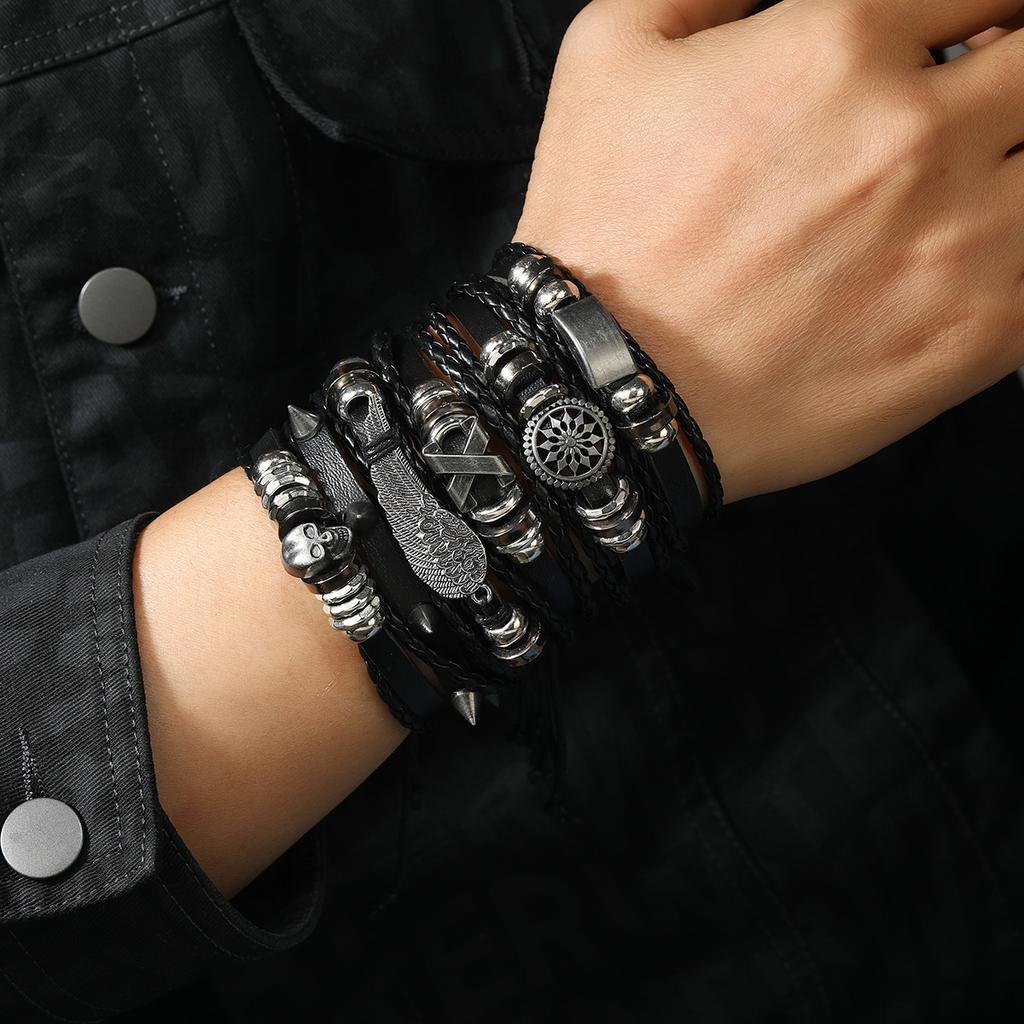 European and American cross-border men's punk leather rivet bracelet 12 pieces, a set of multi-layer skull five-pointed star bracelet