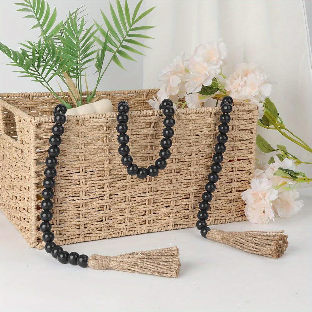Wood Bead Garland 58 Inch Black Wooden Beads for Boho Farmhouse Table Home Decor with Tassel, Wooden Prayer Bead, Rustic Country Boho Wall Hanging