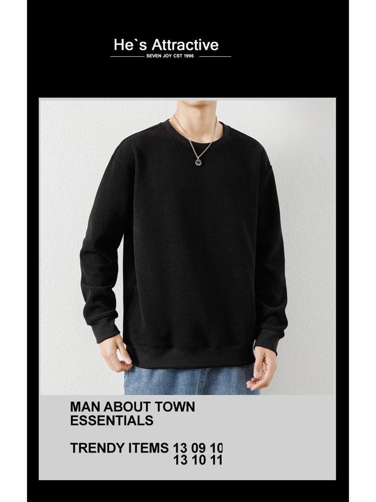 Woodpecker Men's Waffle Knit Long Sleeve T-Shirt - Round Neck, Thick Cotton, Versatile Casual Base Layer for Spring and Autumn