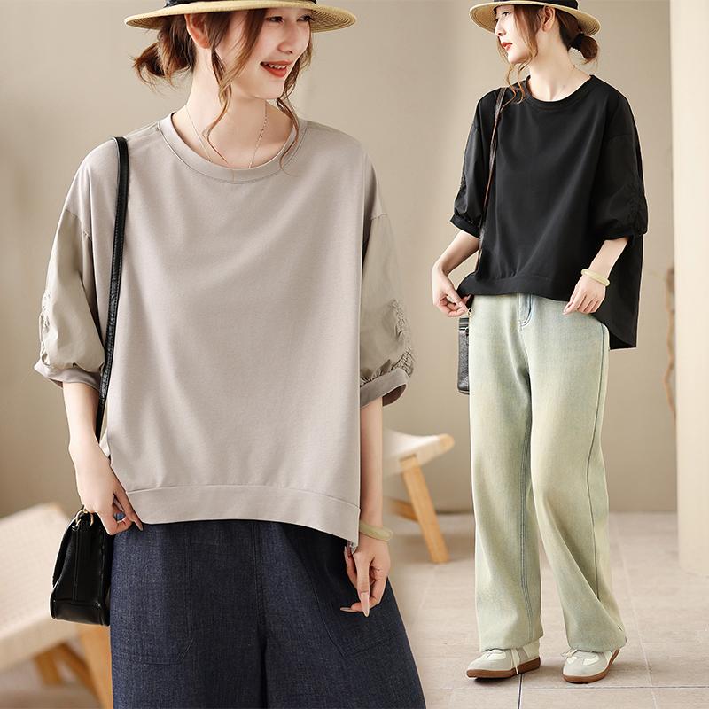 DIMANAF 2026 Plus Size Summer Women T-Shirts Casual Lady Tops Cotton Tunic Shirt Oversize Loose Tees Black