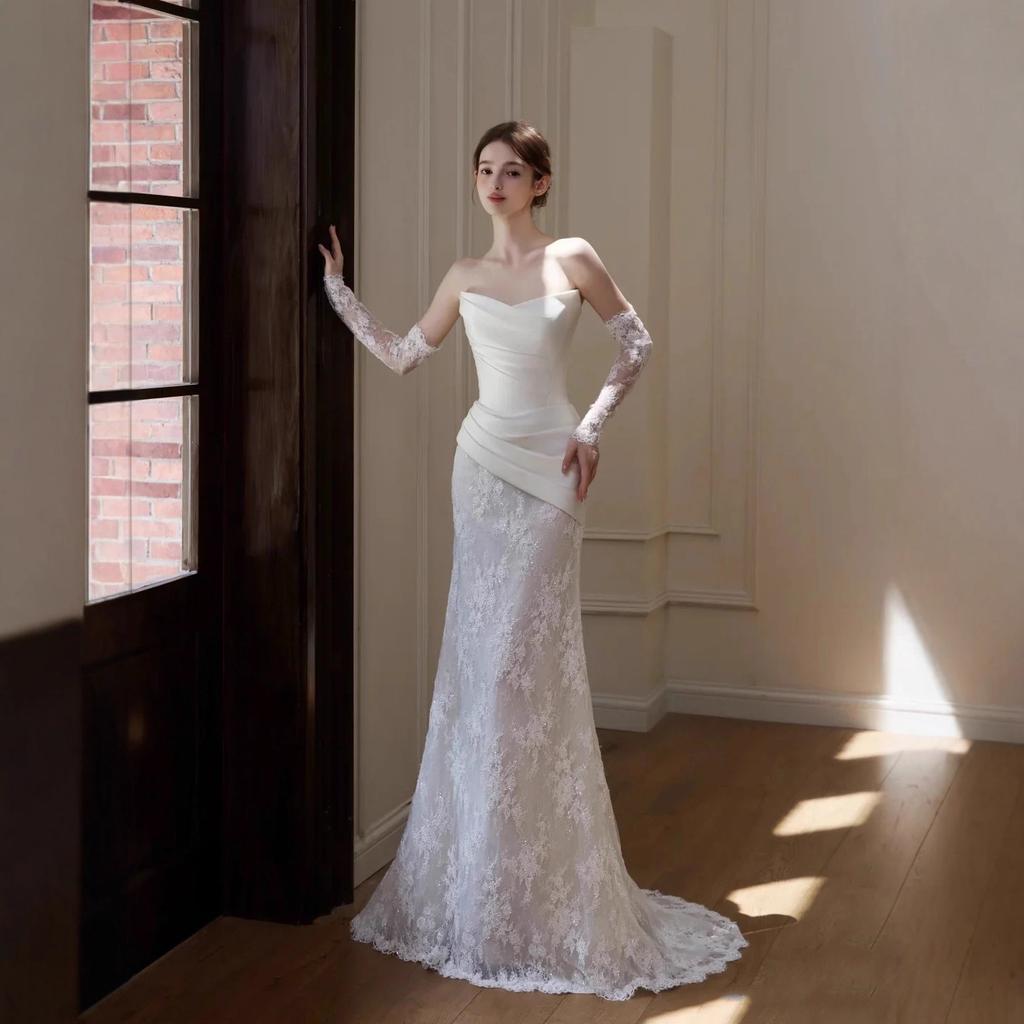 French Lace Light Wedding Dress Tube Top and Thin Bridal Going Out Dress Temperament Small Trailing Light Luxury White Fishtail Dress