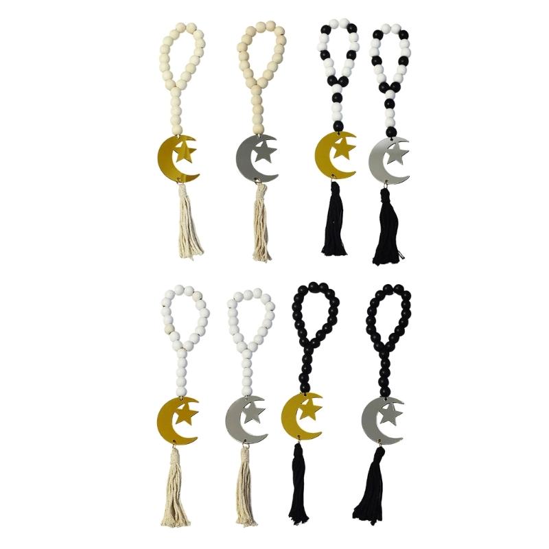 Ramadans Wood Beaded Garlands Acrylic Moon Pendant Wall Hanging Ornament with Tassels For Islamic Festives Home Decorations