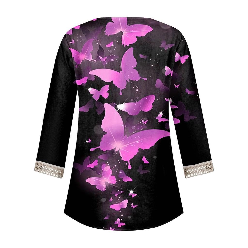 Women's Shirt Blouse Casual Loose Shirts 3/4 Sleeve Lace Trims Print V Neck Tops Print Tops T-shirts Tee