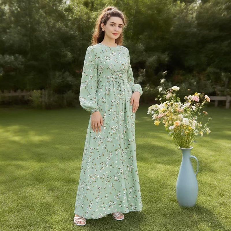 

Fashion New Arrival Floral Print round Neck Long Sleeves Waist Dress Printed Long Sleeve Dress Green XL
