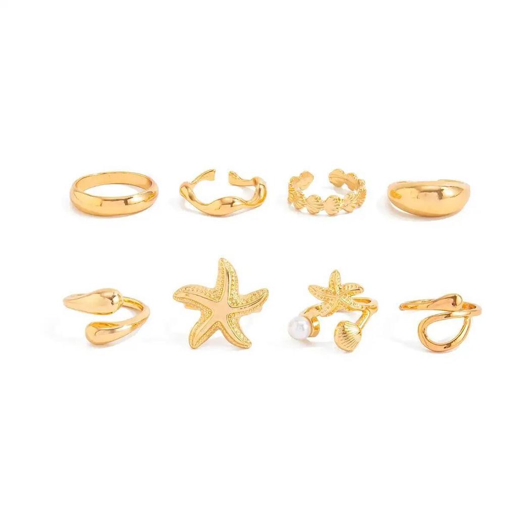 Ingemark 8pcs/set Bohemian Starfish Scallop Open Ring for Women Elegant Imitation Pearl Irregular Knuckle Ring 2026 New Jewelry