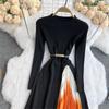 Elegant Knitted Stitching Women Dress Contracted Temperament Round Collar Gradient Color Slim In Long Skirt Female