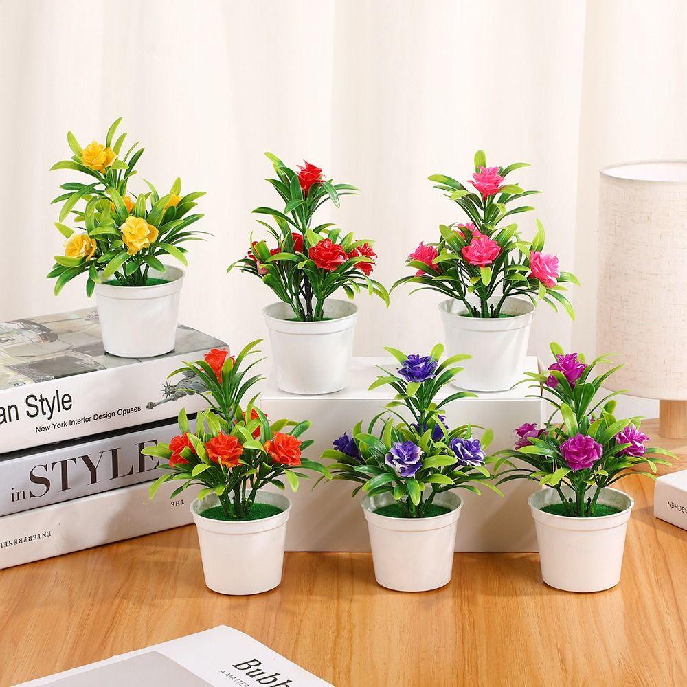 New 6 Colors Artificial Potted Plant 12*17cm Plastic 5 Head Roses Office Table Decor Fake Plants Wedding Home Hotel Decor