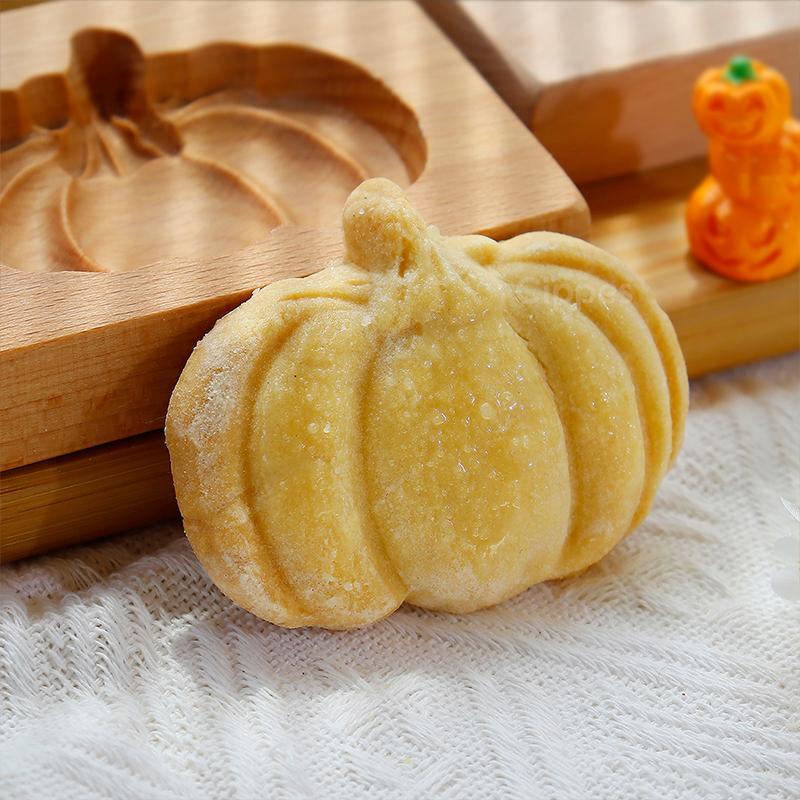 Holz Ausstechformen für Halloween, 3D geschnitzte geprägte Lebkuchenform zum Backen, Kürbis Schädel Geist Hexe Jack O 'Lantern