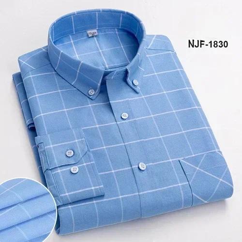 Spring and Autumn Men's Pure Cotton Long Sleeved Shirts for Middle and Youth Leisure All Cotton Oxford Plaid Plus Size Shirts
