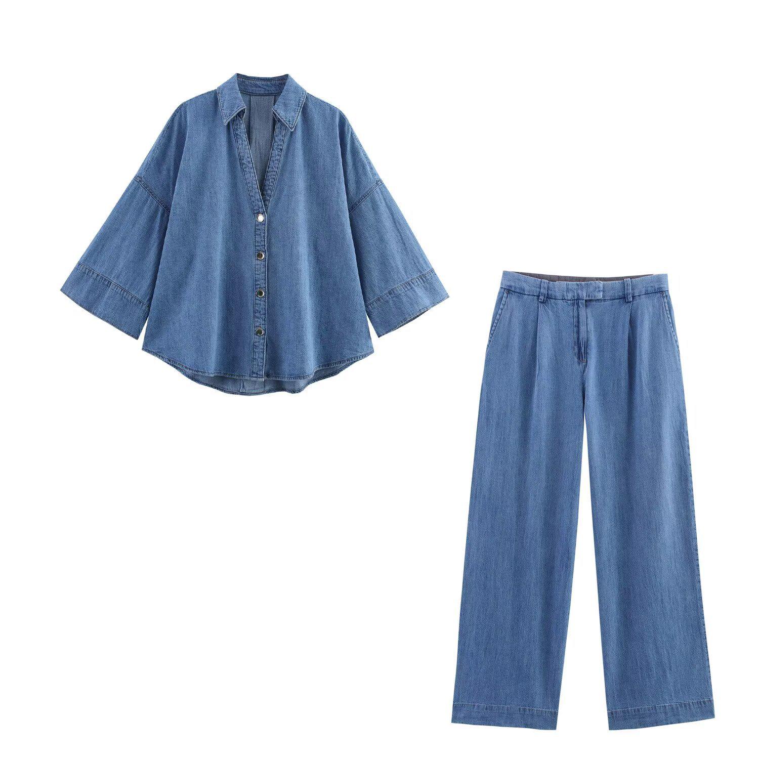 

2025 Spring/Summer Women s Wide-Sleeve Lapel Shirt & High-Waist Wide-Leg Jeans Set Small синий