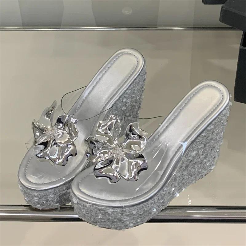 Fashion High Quality Women Shoes Designer Crystal Sequin Cloth Platform Wedge Heels Women Slippers Street StyleTransparent Banquet Shoes