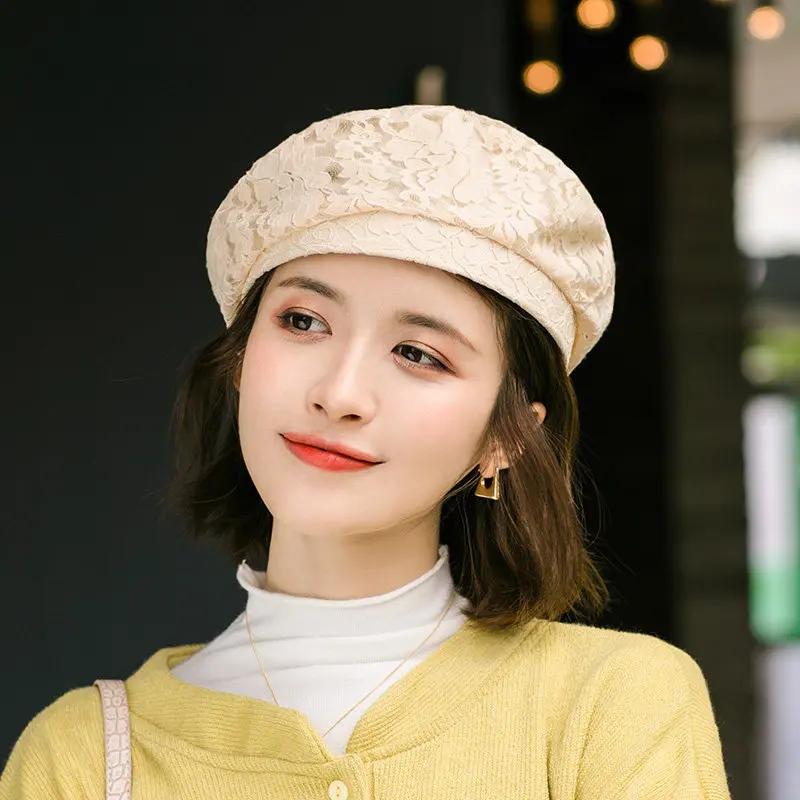

2025 New Black Hollow Lace Beret Hats Women Summer British Retro Octagonal Hat Fmale Fashion Sunshade Beanie Caps бежевий
