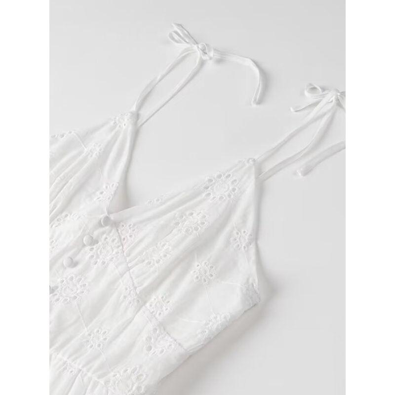 Kaslead New Arrival Women's Clothing Fashion Style Fashion Casual Minimalist Cotton Cloth Embroider V-neck Strap Dress