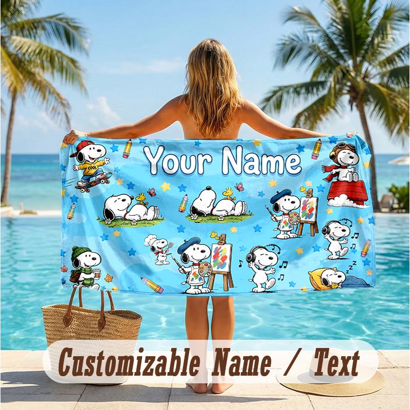 Custom Text Beach Towel, Soft Absorbent Swimming Multi-use TowelSnoopy Peanuts