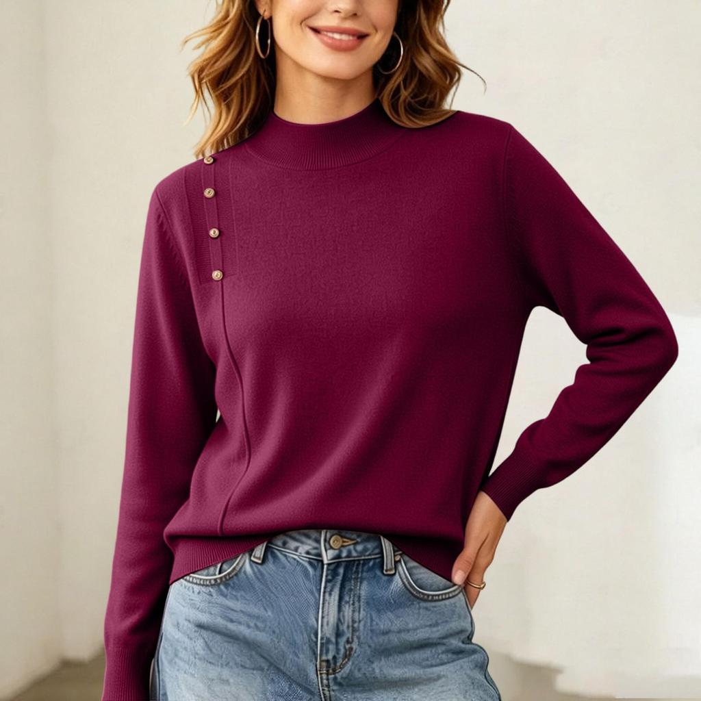 Women's Long Sleeve Turtleneck Sweater with Decorative Buttons, Casual Knit Pullover Layering Top