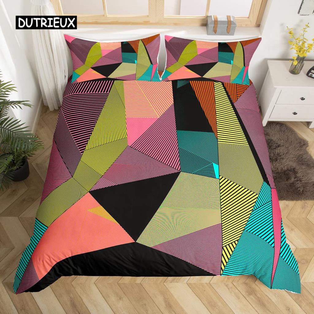 Set Husă Plapumă Geometrie King Albastru Alb Negru Triunghiuri Dungat Set Lenjerie de Pat Poliester Vintage Desenat Manual Dungă Groasă Husă Plapumă